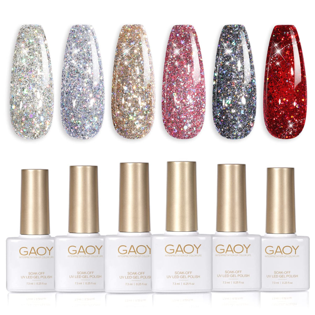 GAOY front packaging showing six glitter ruby gel polish bottles and kit benefit