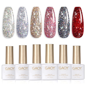GAOY front packaging showing six glitter ruby gel polish bottles and kit benefit