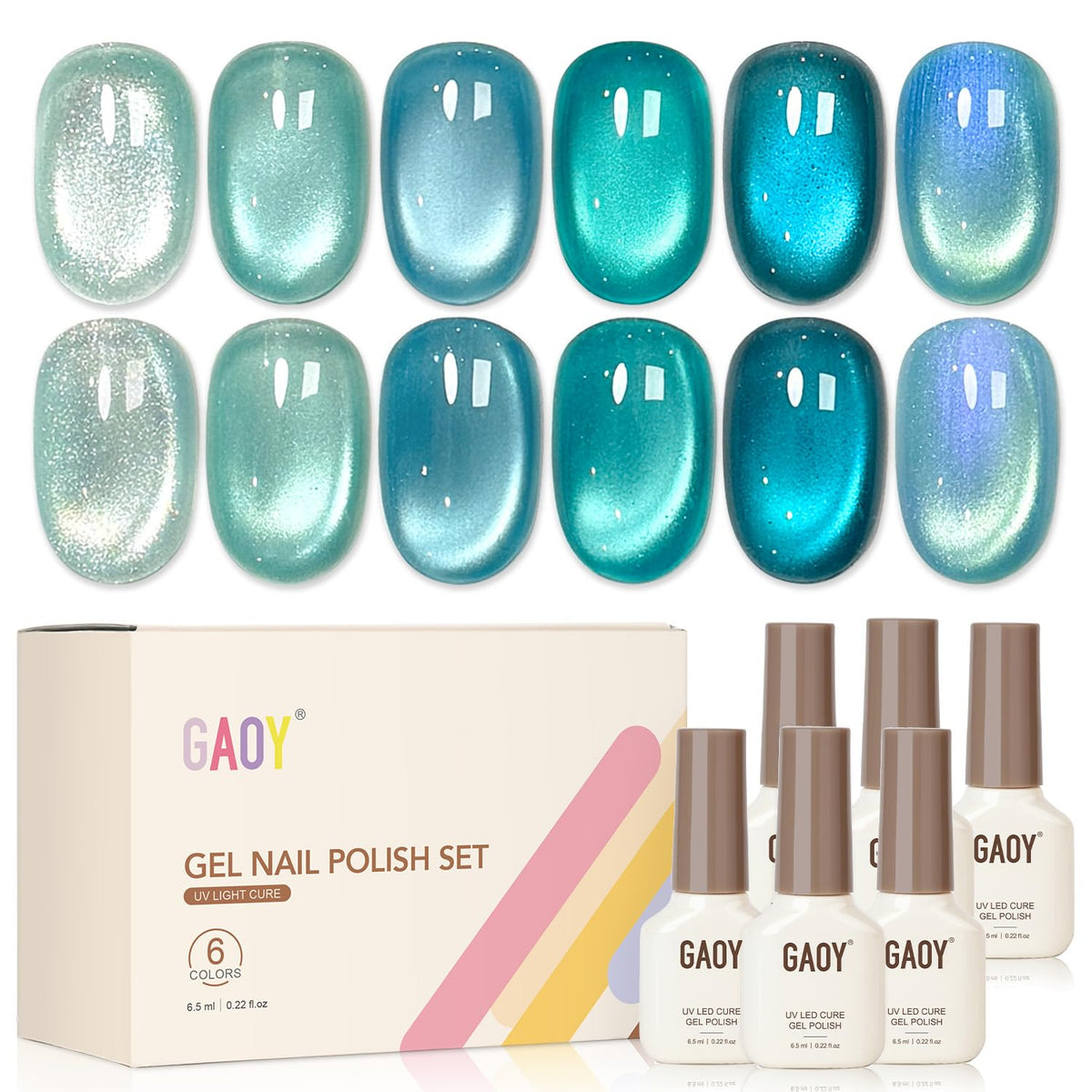 GAOY front packaging showing all six glitter holographic gel bottles, clear branding and kit contents