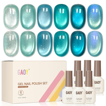 GAOY front packaging showing all six glitter holographic gel bottles, clear branding and kit contents