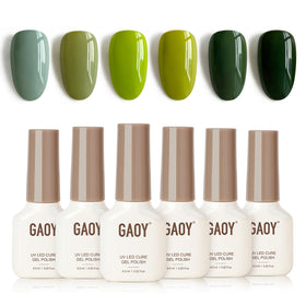GAOY front packaging showing six jade green gel polish bottles and clear palette benefit convenience