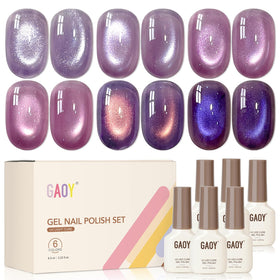 GAOY front packaging showing six jelly purple gels and magnet, perfect for salon-style nails