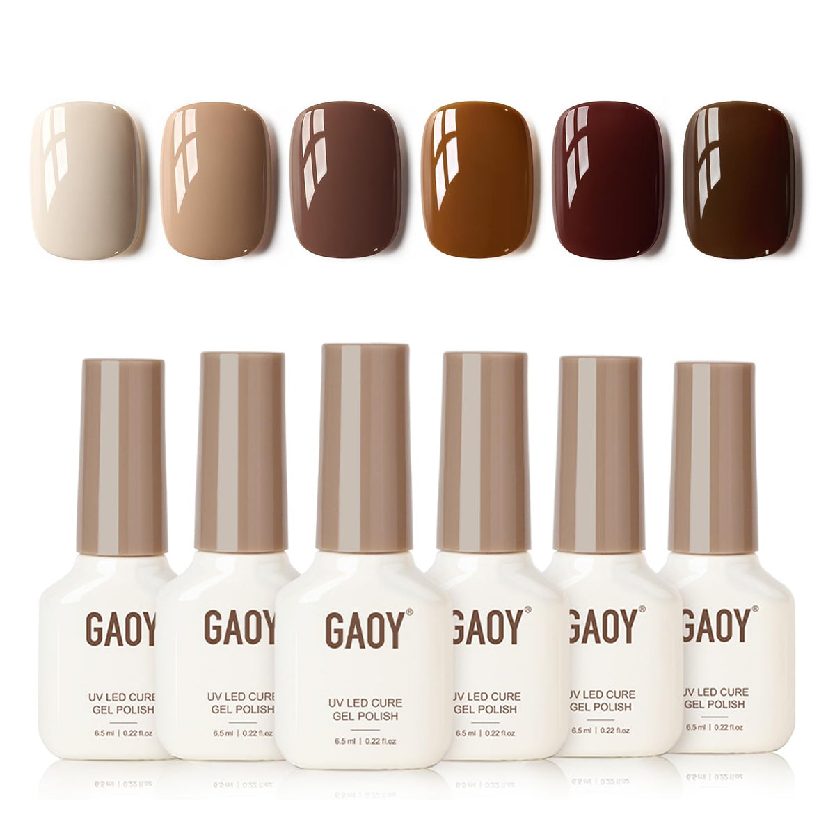 GAOY front packaging showing six nude brown gel bottles for versatile wear