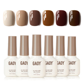 GAOY front packaging showing six nude brown gel bottles for versatile wear
