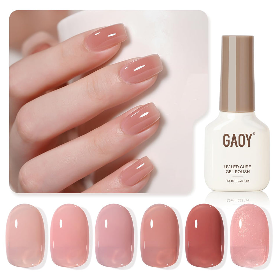 GAOY front packaging showing six nude jelly gel bottles and kit benefits