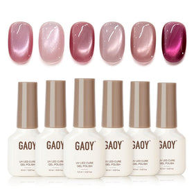 GAOY front packaging showing six pink cat eye gels and magnet, ideal for date-night looks