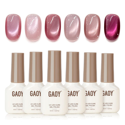 GAOY front packaging showing six pink cat eye gels and magnet, ideal for date-night looks