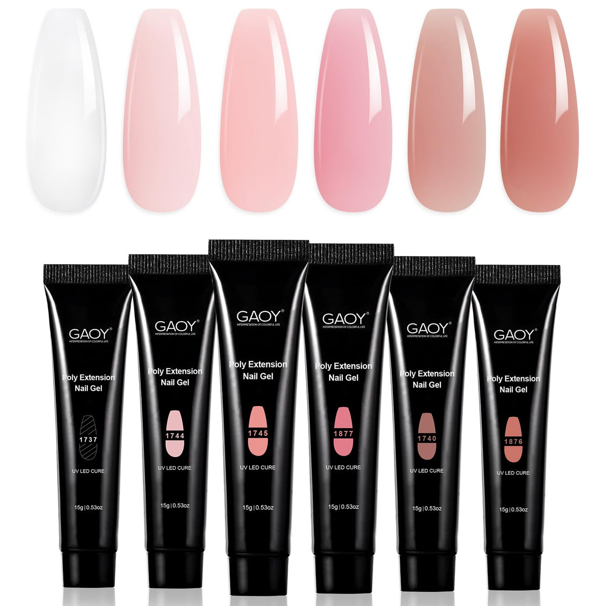 GAOY front packaging showing six pinkish-nude poly gel pots and clear builder gel for easy selection