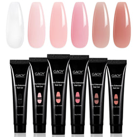 GAOY front packaging showing six pinkish-nude poly gel pots and clear builder gel for easy selection