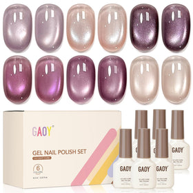 GAOY kit front packaging showing six purple cat eye gel bottles and magnet for easy styling