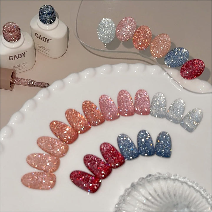 GAOY front packaging showing six glitter gel polish bottles and vibrant colors for easy selection