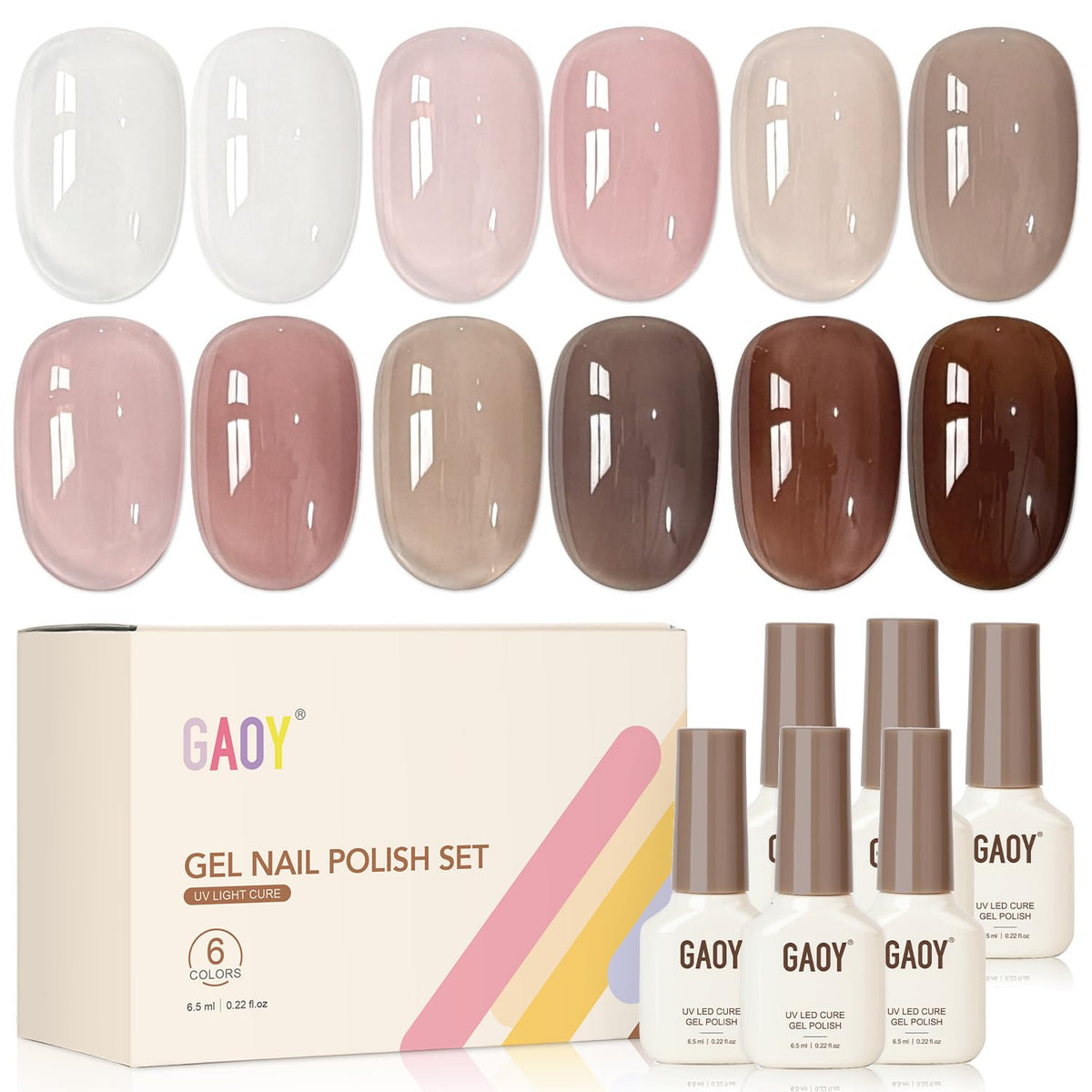 GAOY front packaging showing six milky brown-pink bottles, ready for salon use
