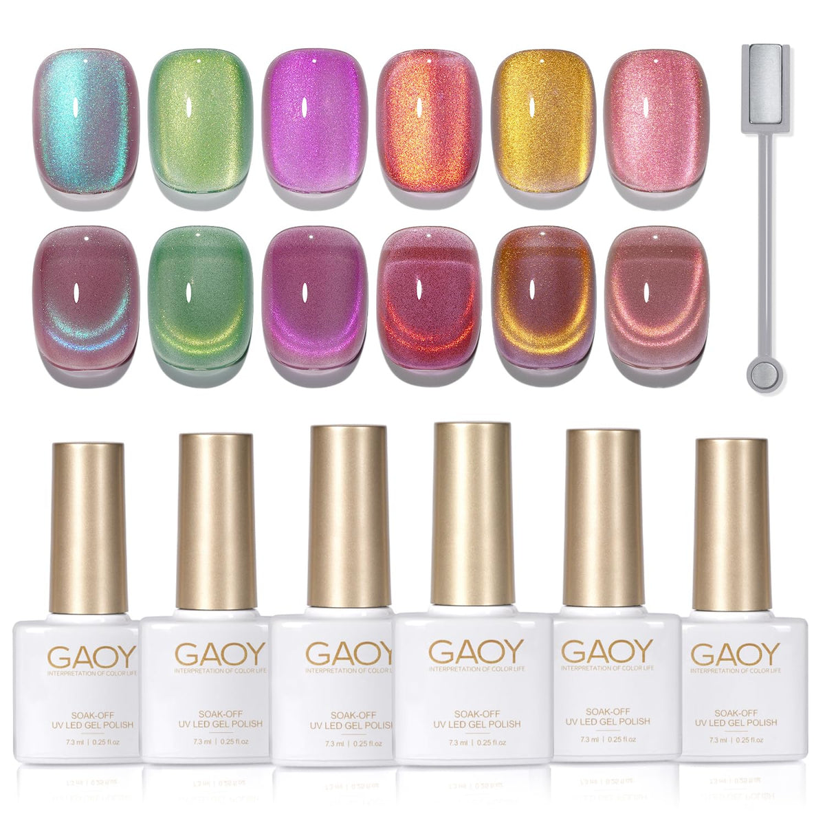 GAOY front packaging showing six holographic gel bottles and magnet, clear kit overview