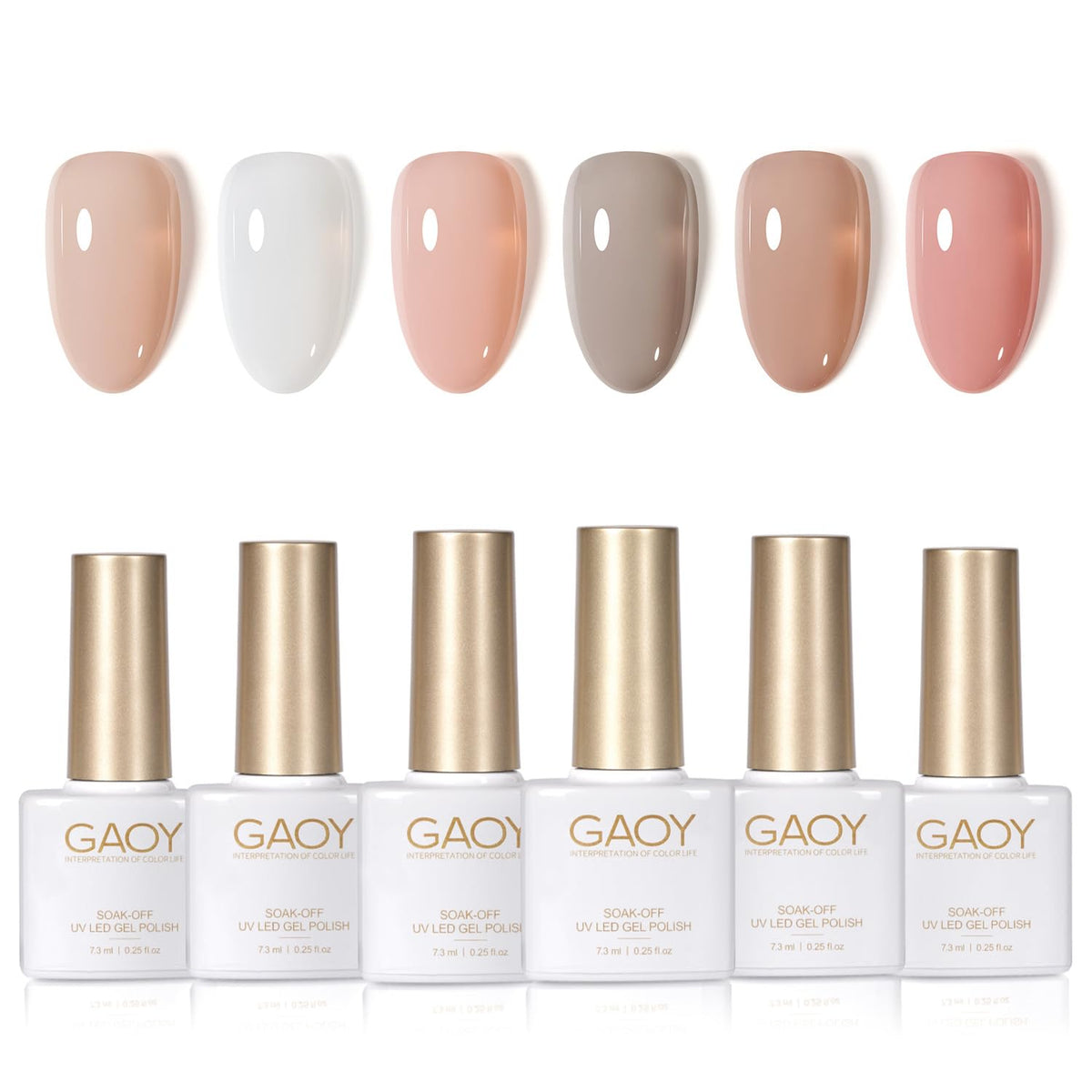 GAOY gel polish set front packaging showing six sheer pink and nude bottles for versatile looks
