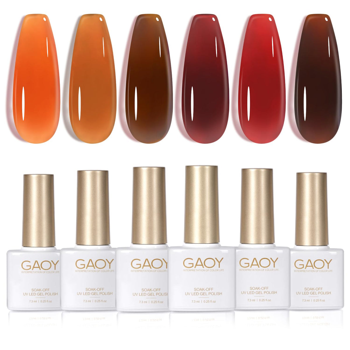 GAOY front packaging showing six jelly gel bottles and color range for easy selection