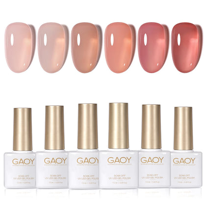 GAOY front packaging showing six jelly nude gel polish bottles, ideal for subtle manicures