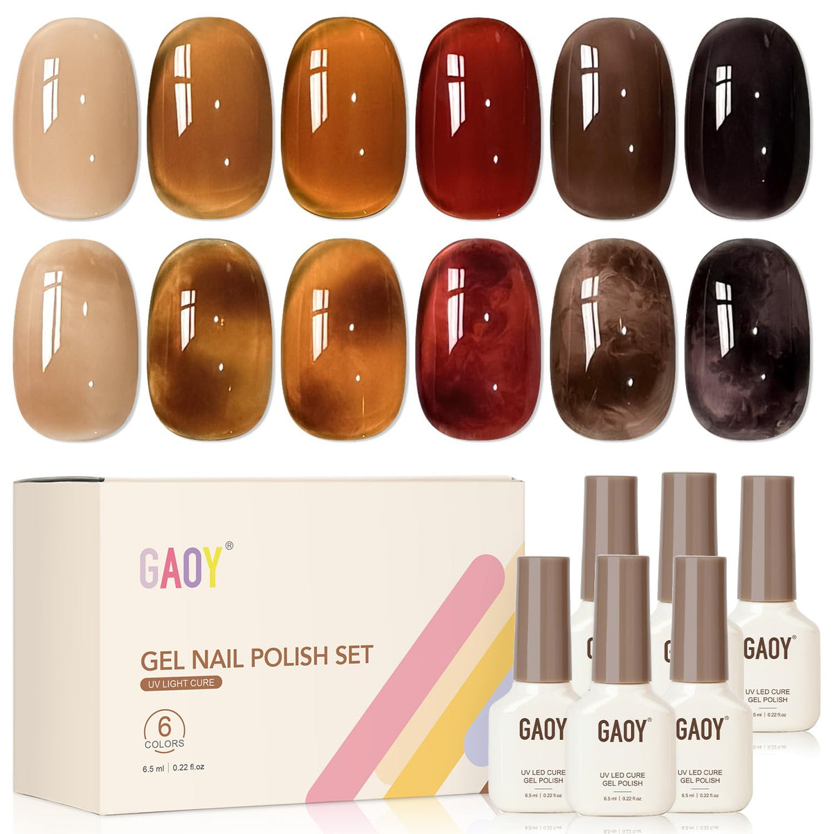 GAOY front packaging set showing six jelly gel bottles and coordinated colors, ready for DIY