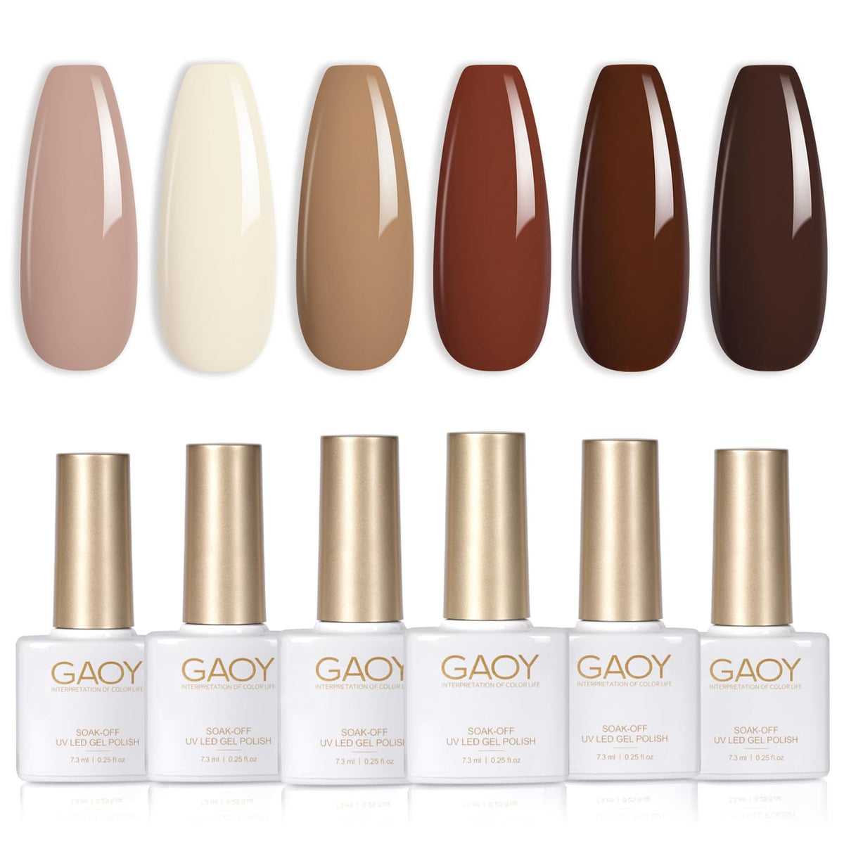 GAOY front packaging showing six neutral gel bottles and easy selection benefit