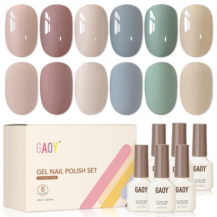 GAOY front packaging showing six gel polish bottles, clear color selection benefit