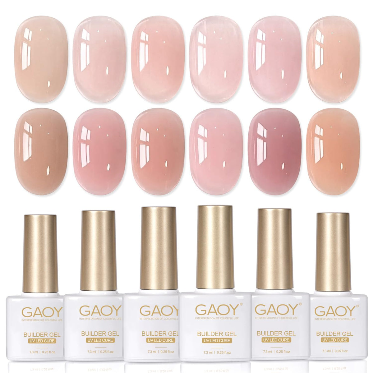 GAOY front packaging showing six builder gel bottles for versatile salon looks