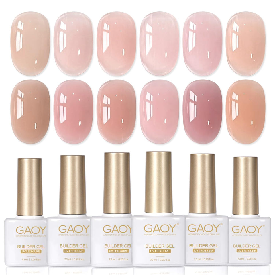 GAOY front packaging showing six builder gel bottles for versatile salon looks