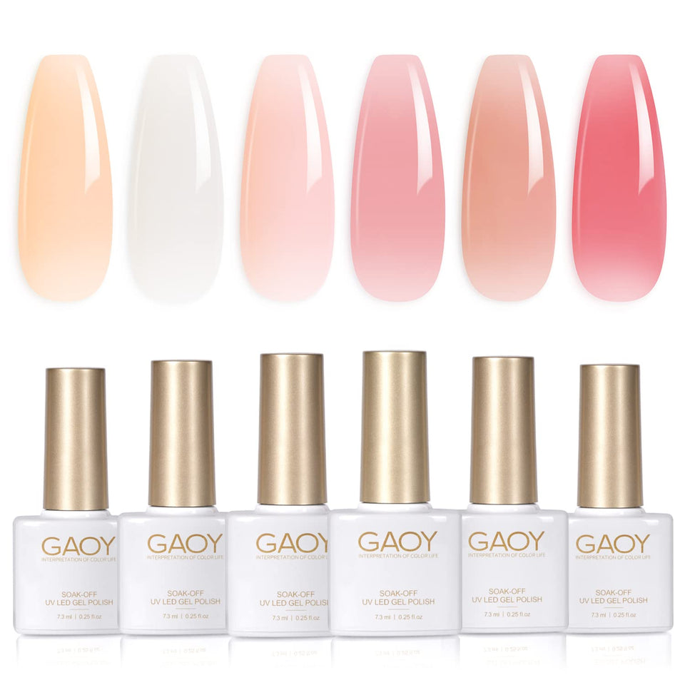 GAOY front view of six milky jelly gel bottles showing colors and labels for easy selection