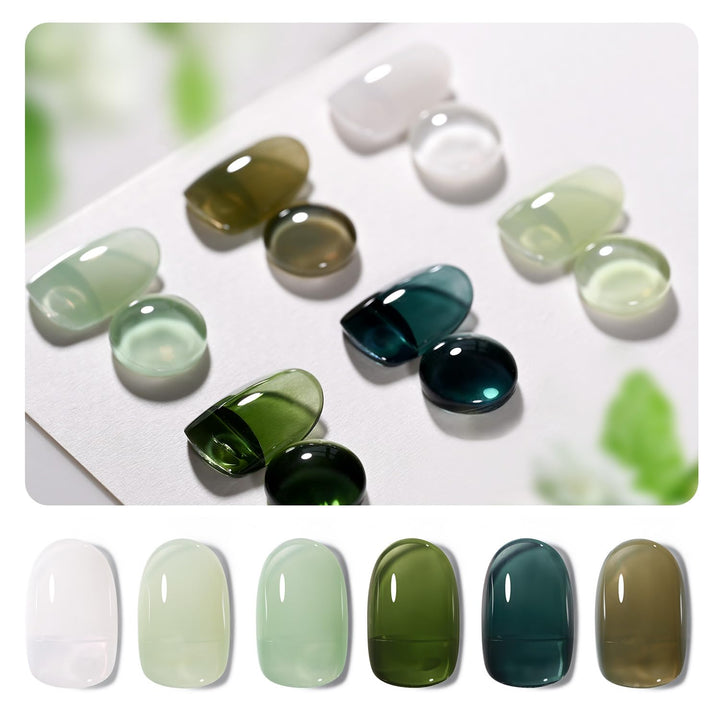 GAOY front view of six jelly green gel bottles showing compact set and clear labeling for easy selection