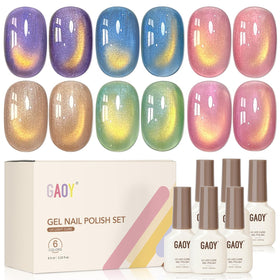 GAOY front packaging showing six holographic gel bottles, clear contents and variety