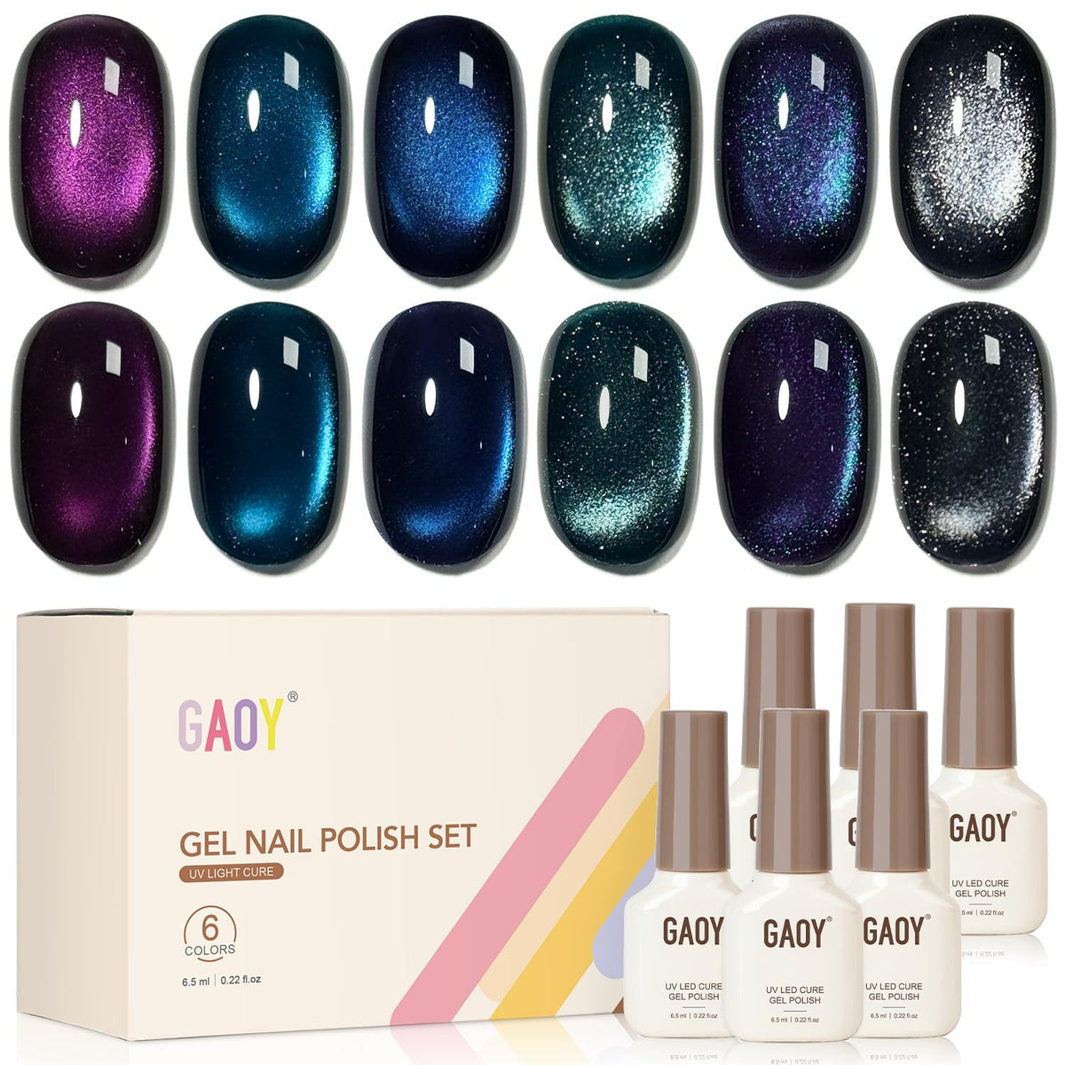 GAOY front packaging showing six gel bottles and magnet for salon-quality results