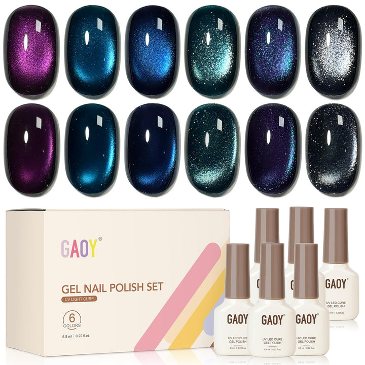 GAOY front packaging showing six gel bottles and magnet for salon-quality results