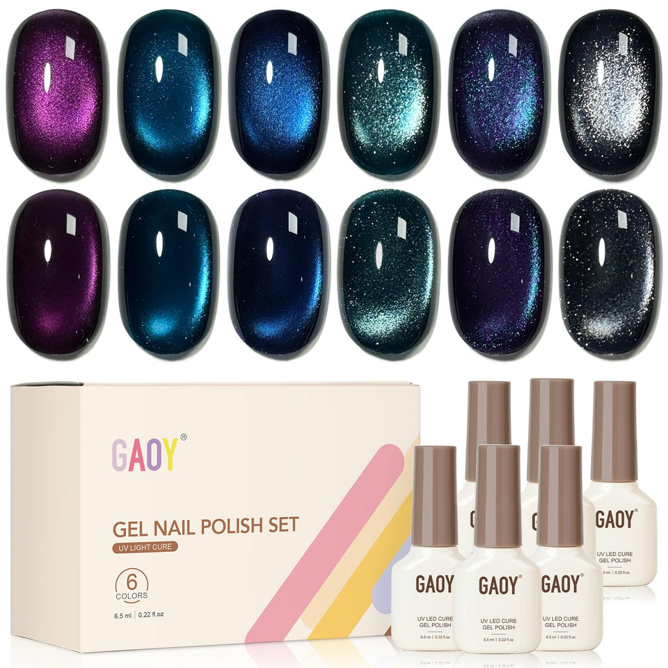 GAOY front packaging showing six gel bottles and magnet for salon-quality results
