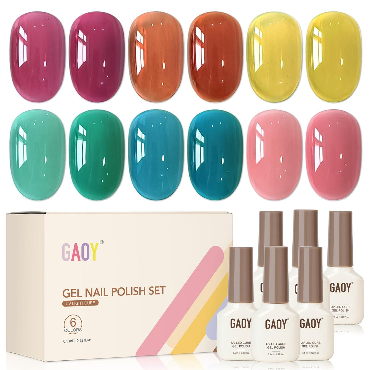 GAOY front packaging showing six sheer gel bottles and kit look, easy selection benefit