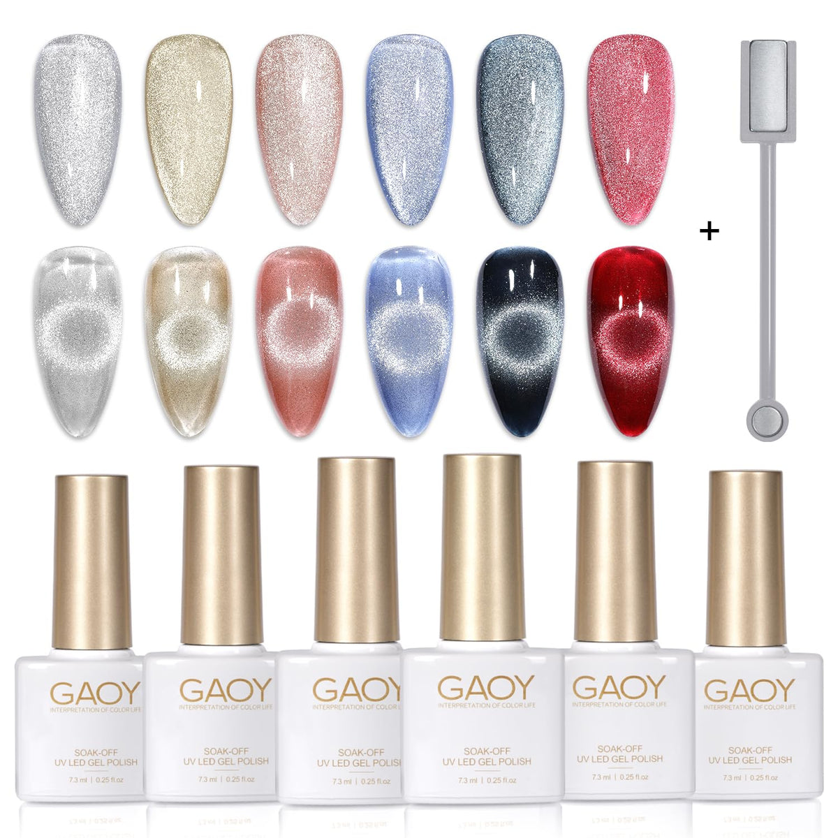 GAOY front view of six holographic cat eye gel bottles showing colorful options and included magnet benefits color variety