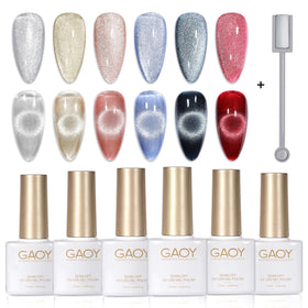 GAOY front view of six holographic cat eye gel bottles showing colorful options and included magnet benefits color variety