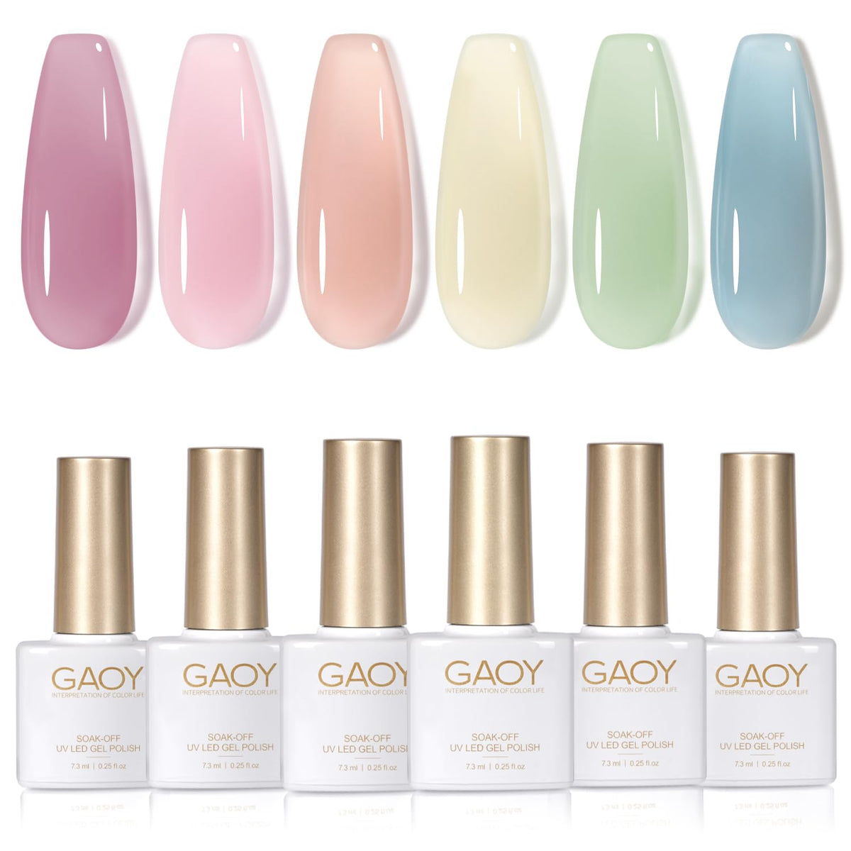 GAOY front packaging showing six sheer gel bottles and clear benefits
