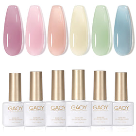 GAOY front packaging showing six sheer gel bottles and clear benefits