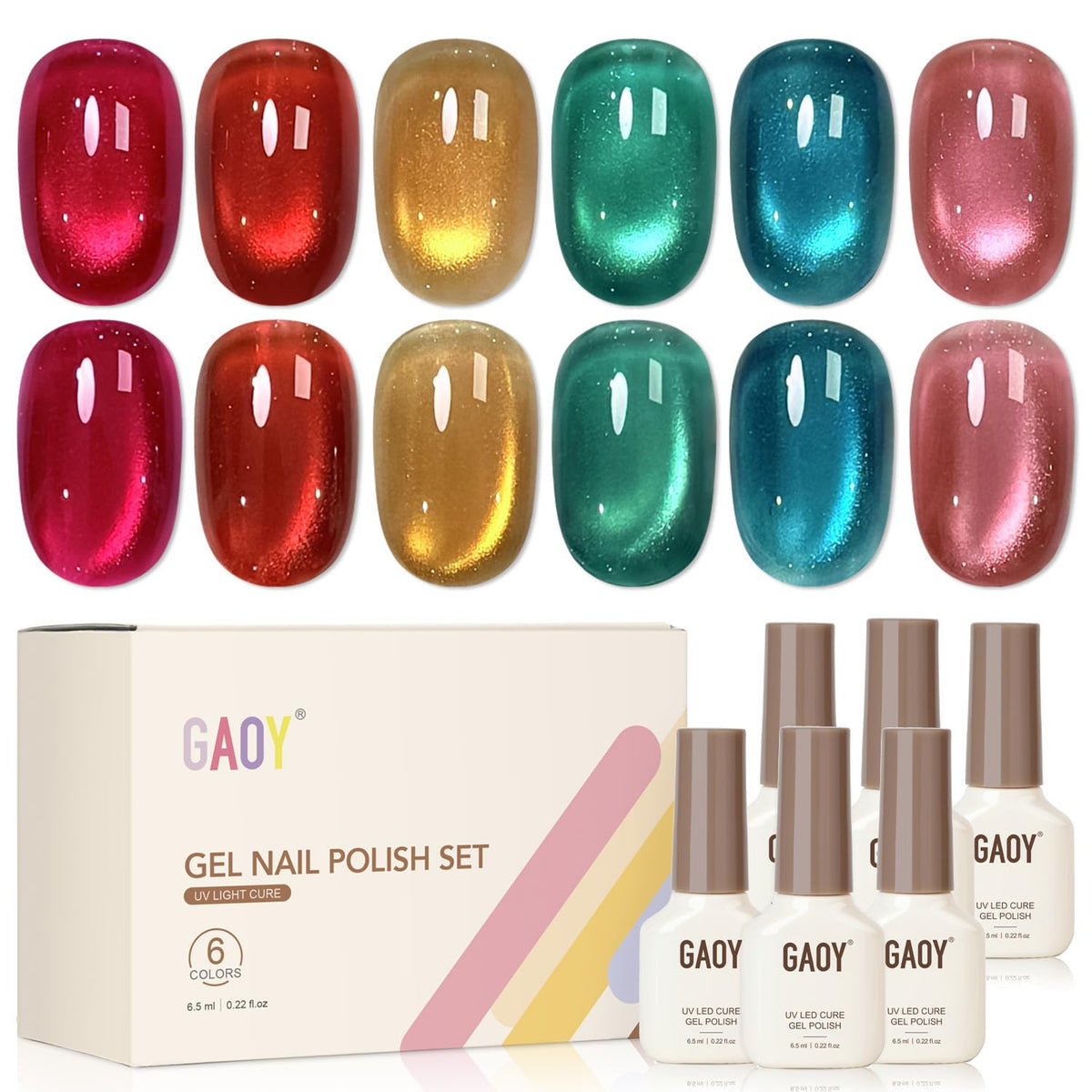 GAOY front view of six-color kit showing compact bottles and magnet for easy shimmer