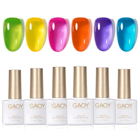 GAOY front packaging showing six sheer neon gel bottles and variety benefit