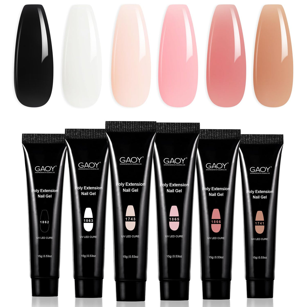 GAOY front packaging showing six poly gel pots for compact nail kits and easy storage