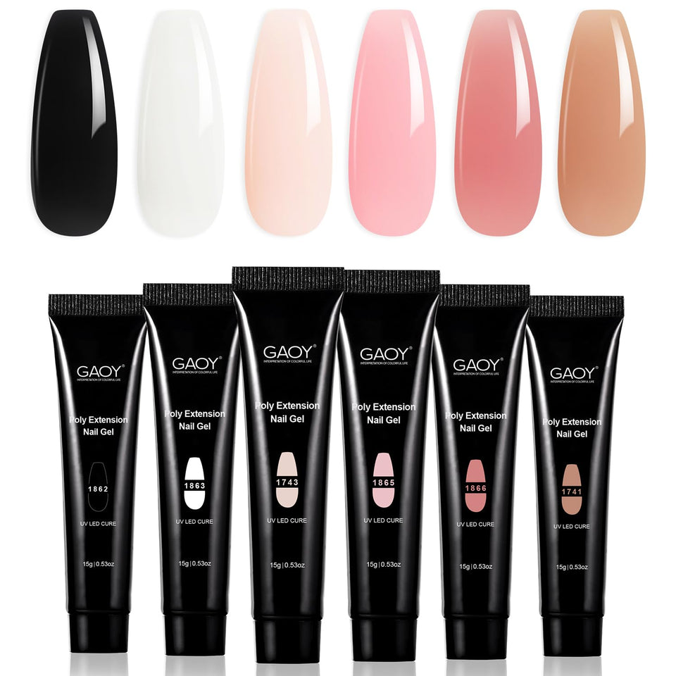 GAOY front packaging showing six poly gel pots for compact nail kits and easy storage