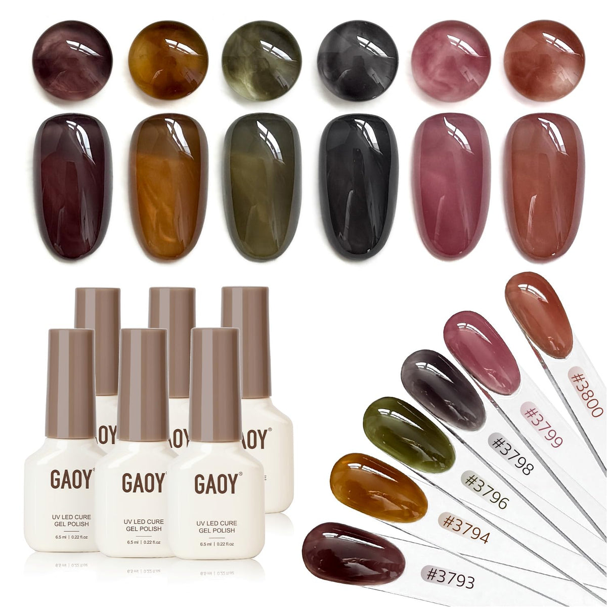 GAOY front packaging showing six milky jelly shades, easy selection benefit
