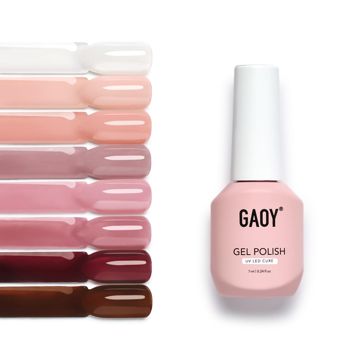 GAOY front packaging display showing eight jelly gel bottles and colors, clear kit benefit
