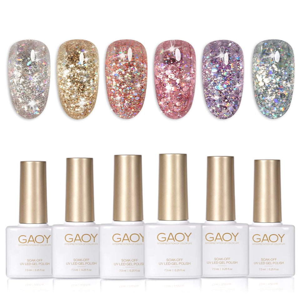GAOY front packaging showing six glitter gel bottles and kit contents for easy selection