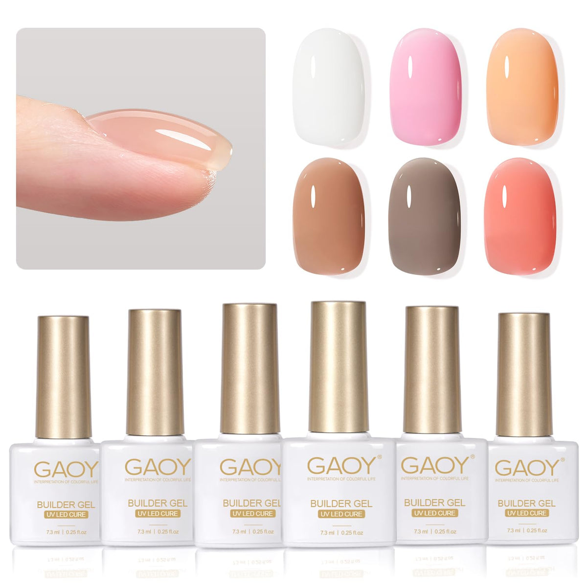 GAOY front packaging showing six builder gel bottles and labels, professional kit benefit