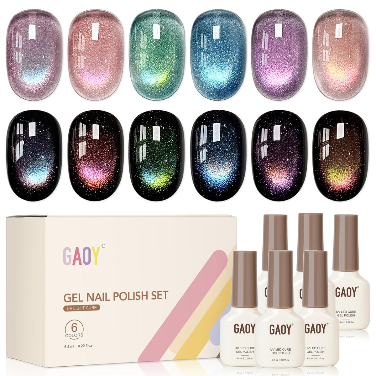 GAOY front packaging showing six holographic gel bottles and magnet, clear kit overview