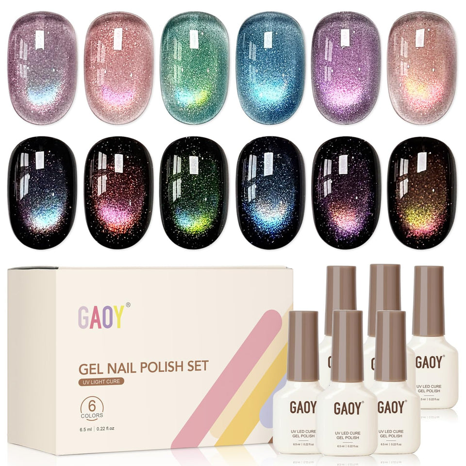 GAOY front packaging showing six holographic gel bottles and magnet, clear kit overview
