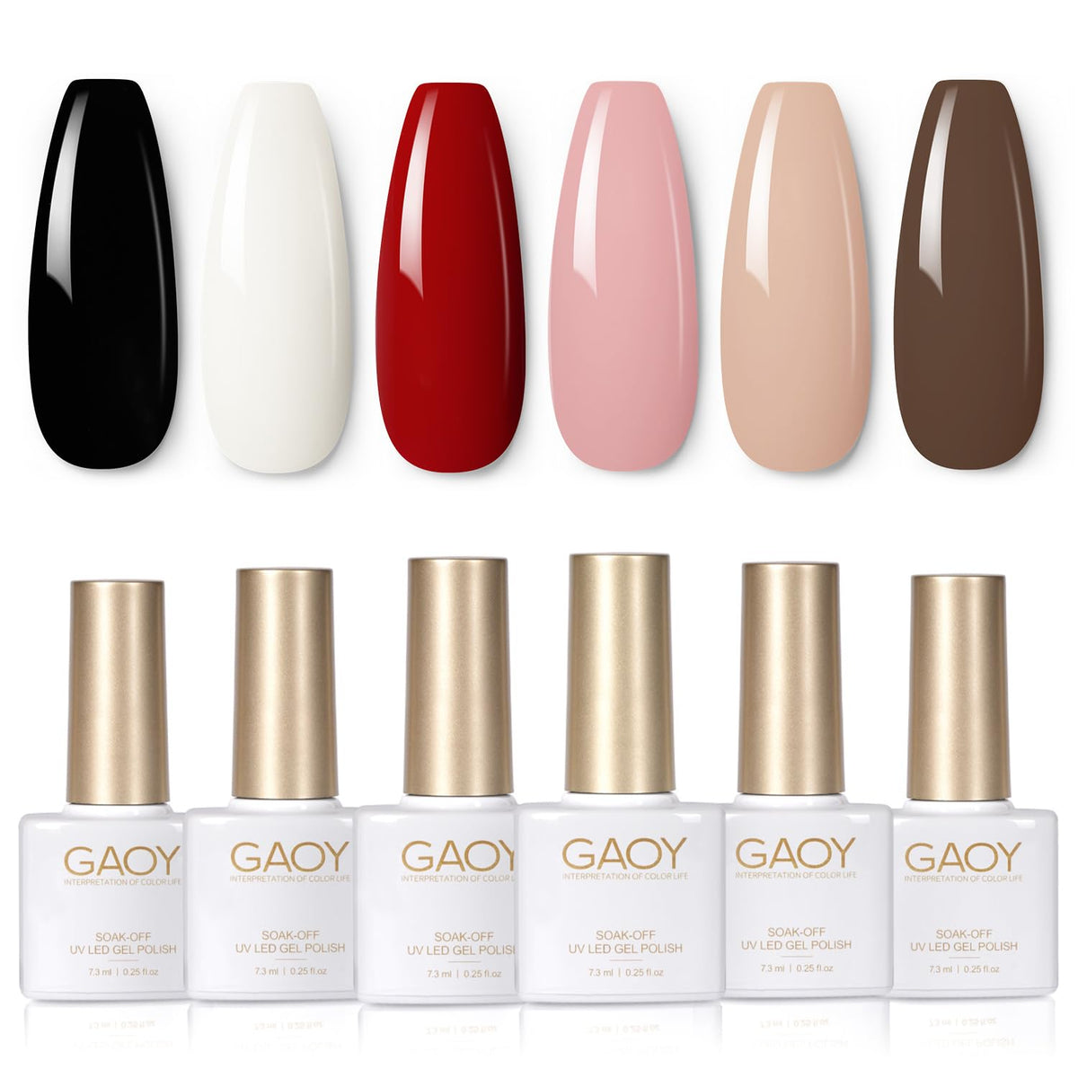 GAOY front packaging showing six gel bottles and kit contents for easy selection