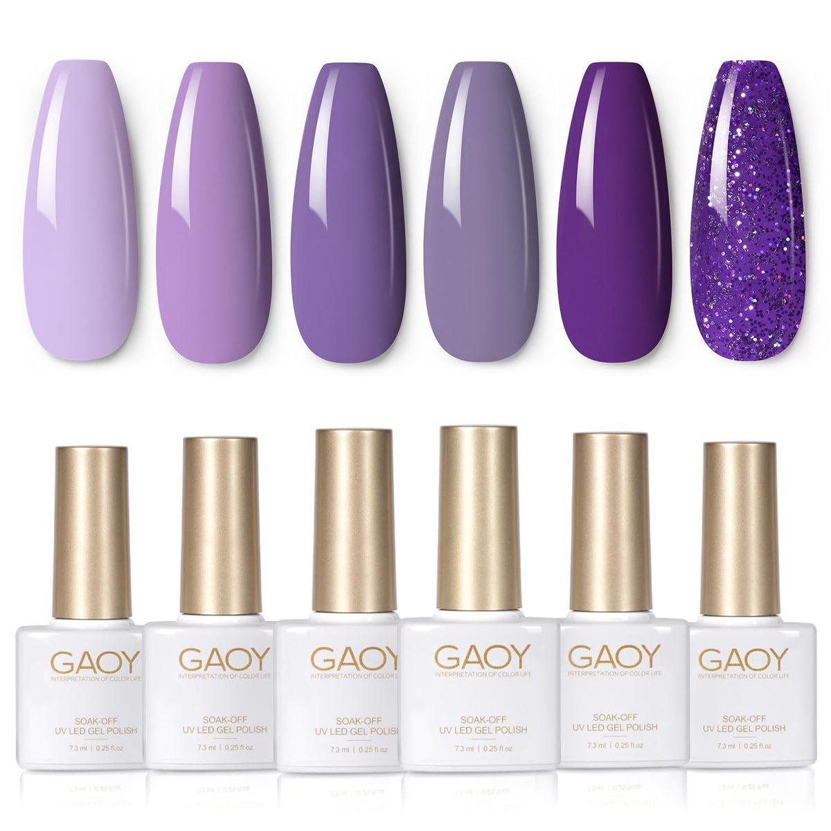 GAOY front packaging showing six purple gel bottles and benefits