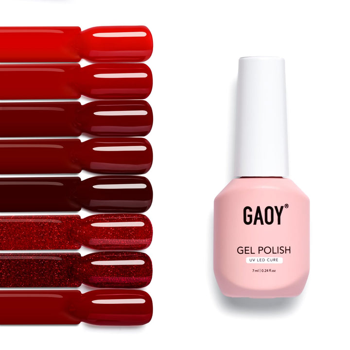 GAOY front packaging of red gel set showing eight bottles and benefits