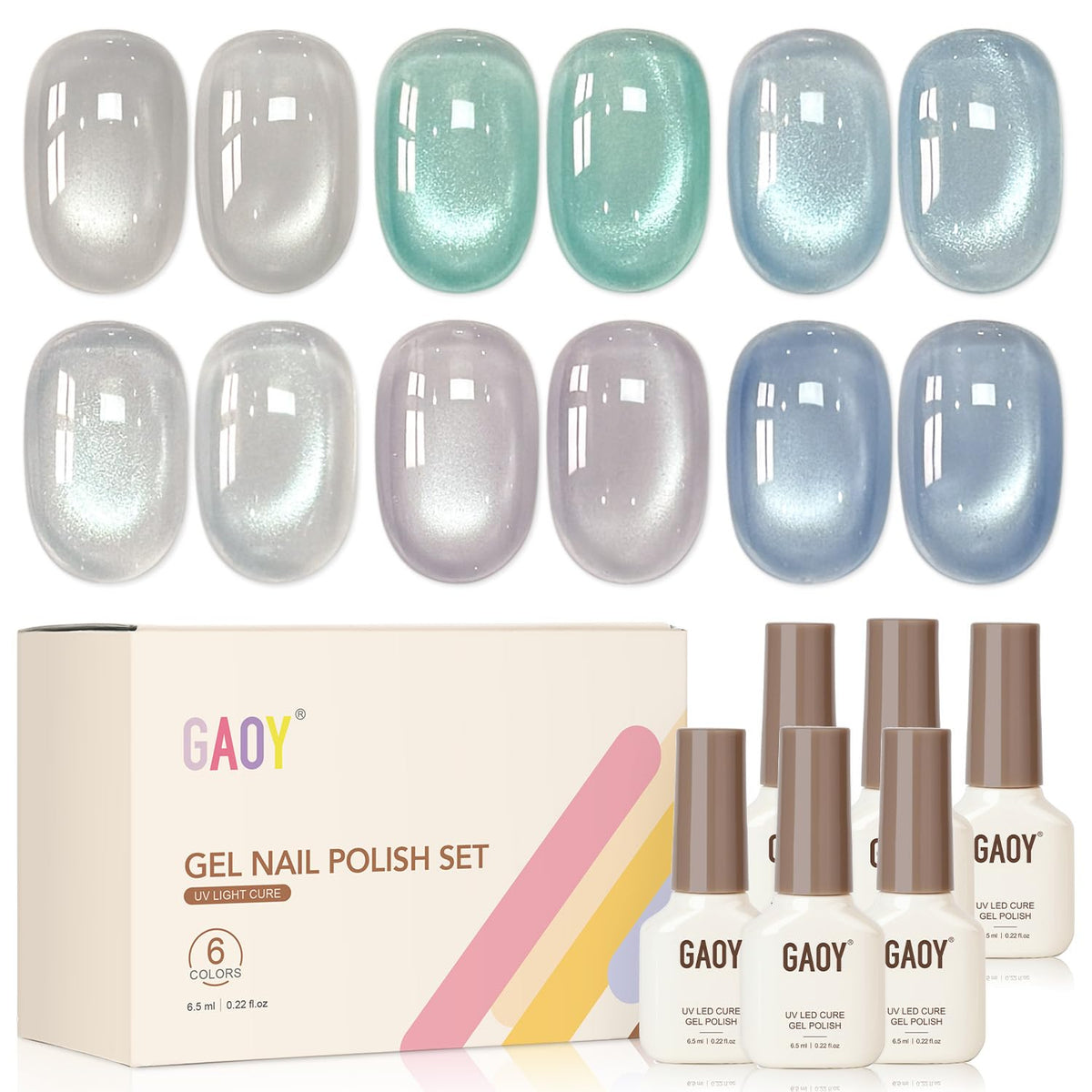 GAOY front packaging showing six cat eye gel bottles and magnet for easy selection
